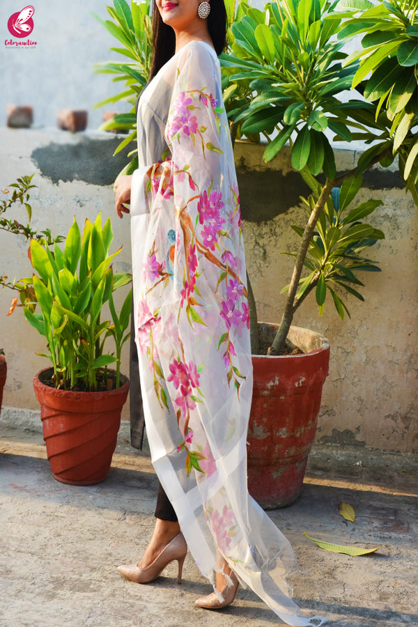 White Organza Handpainted Colorful Floral Bird Stole