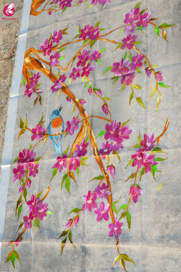 White Organza Handpainted Colorful Floral Bird Stole